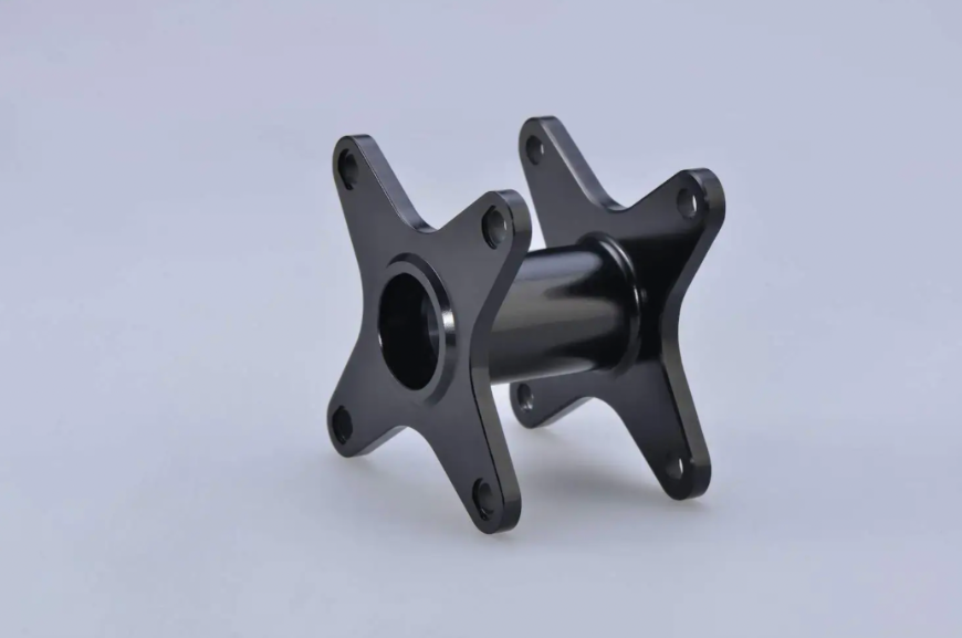 Example of finished a CNC machined, black anodized hub.