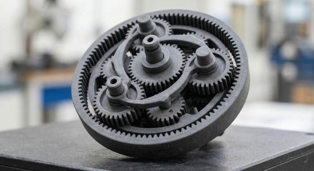 An interlocking gear assembly printed as a single piece using MJF 3D printing.