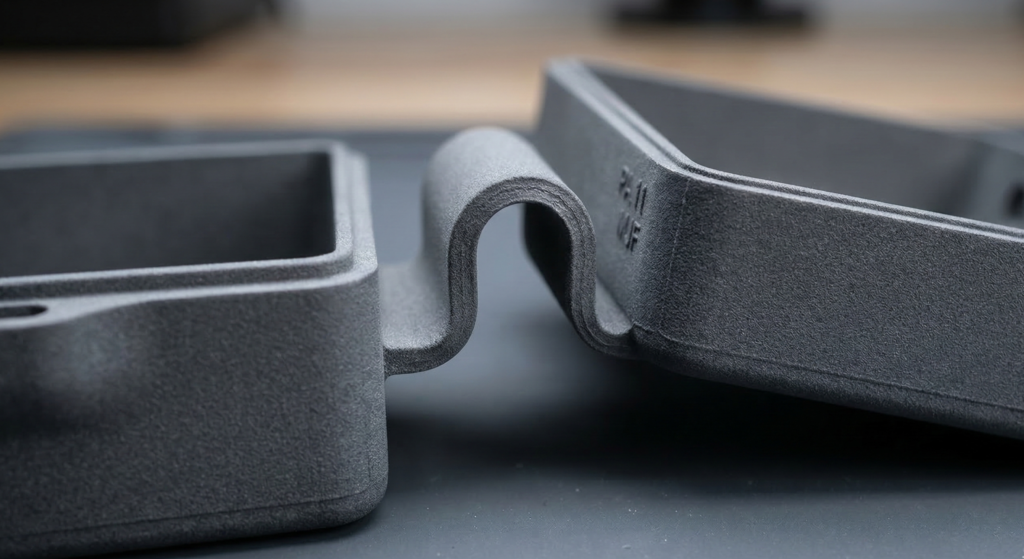 A functional living hinge 3D printed in PA 11 material using Multi Jet Fusion.