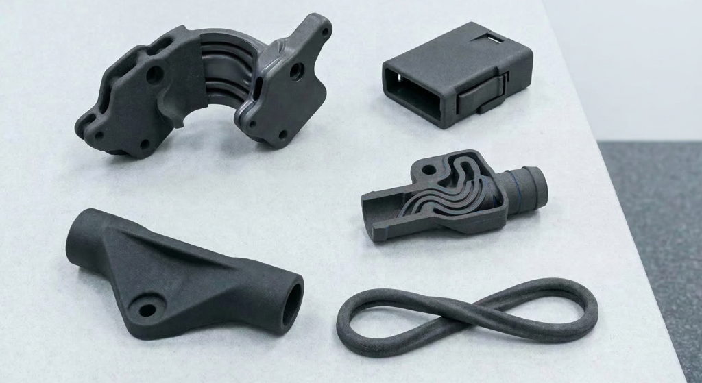 Five MJF 3D printed parts in different materials arranged on a grey surface: a PA 12 bracket, snap-fit housing, TPU seal, polypropylene fluid connector, and glass-bead-filled structural component.