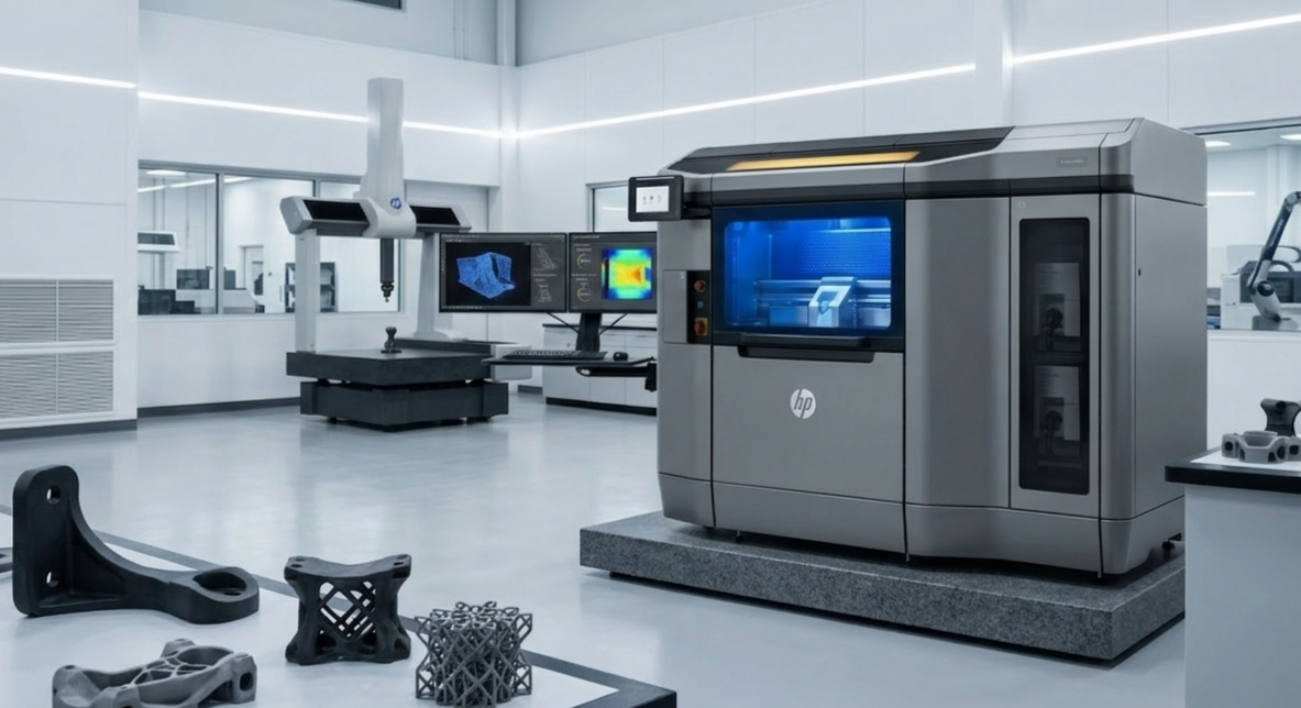 An industrial HP Multi Jet Fusion (MJF) 3D printing machine.