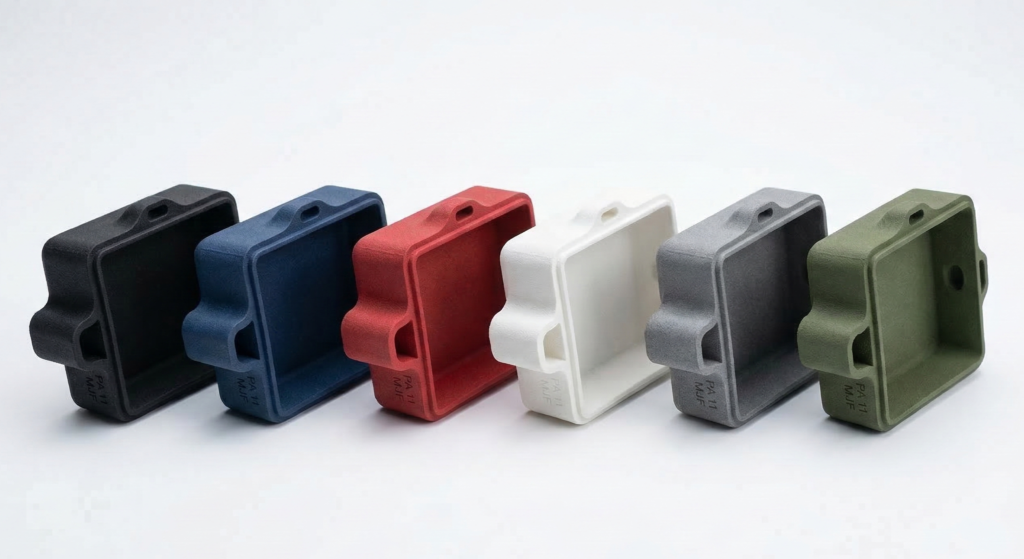 Six identical MJF-printed snap-fit housings dyed in different colors — black, dark blue, red, white, grey, and olive green — arranged in a row on a white background.