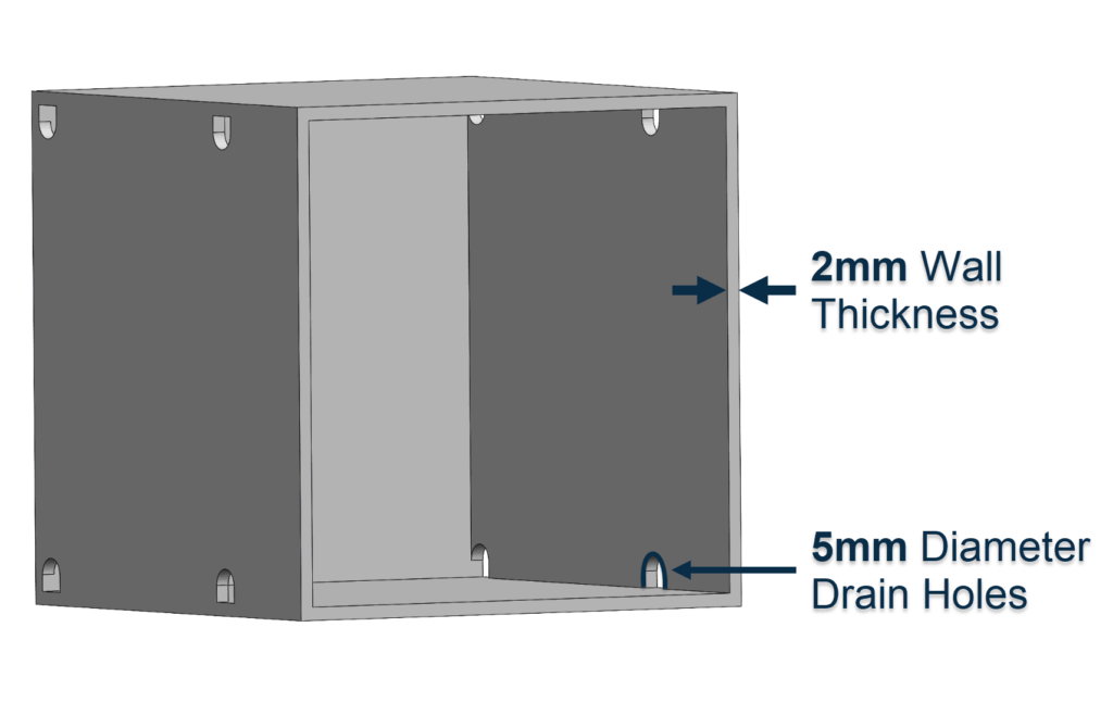 Hollowed part with drain holes for powder exit
