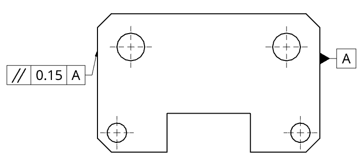 Technical drawing showing a parallelism tolerance applied to a surface with reference to datum A.