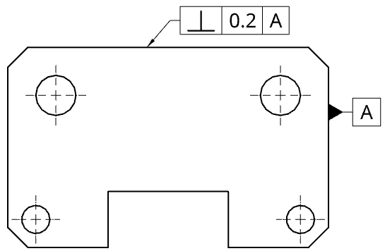 Technical drawing showing a perpendicularity tolerance applied to a surface with respect to datum A.