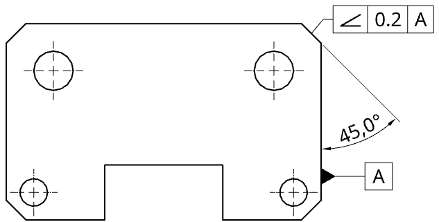 Technical drawing showing angularity tolerance applied at 45° to datum A. 