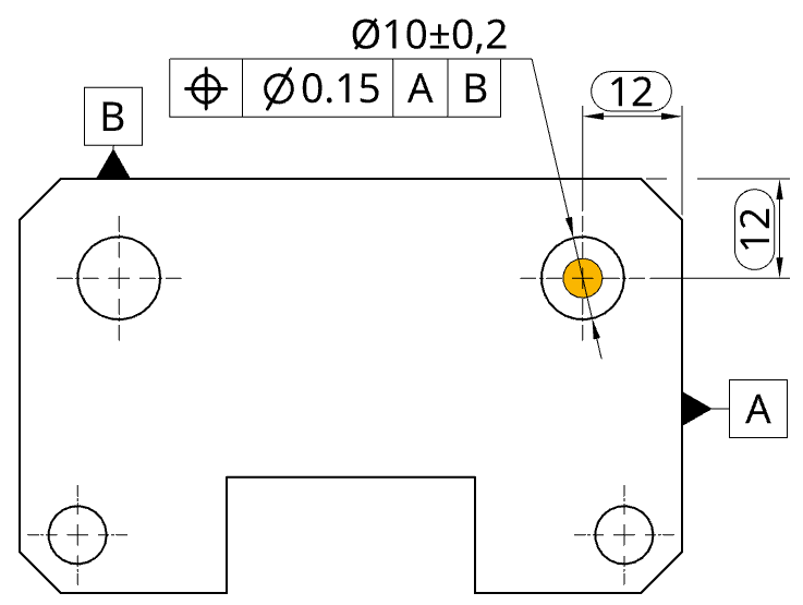 Technical drawing showing positional tolerance applied to a hole feature with datums A and B.