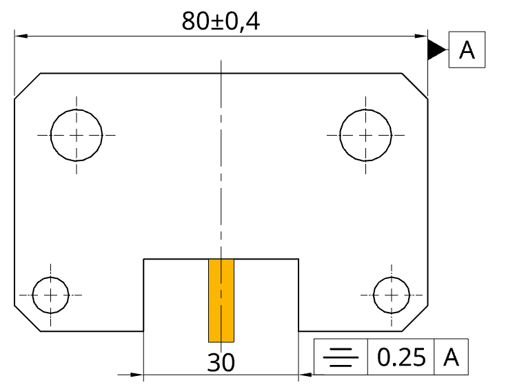 Symmetry tolerance applied to a slot relative to datum A.