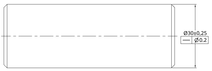 Technical drawing of a shaft with straightness tolerance applied to its axis.