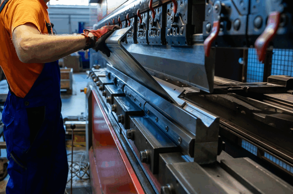 An operator in gloves holding a metal part in a press brake machine during a bending operation.