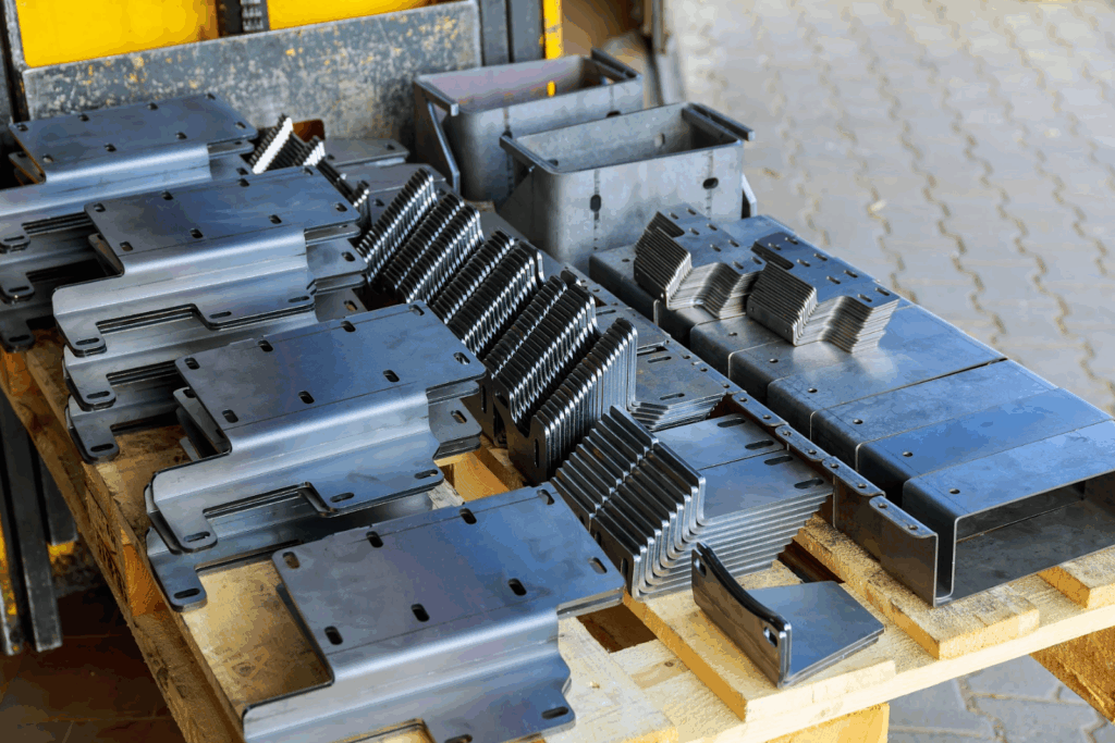 A wooden pallet stacked with various precision laser-cut and bent sheet metal brackets in a workshop.