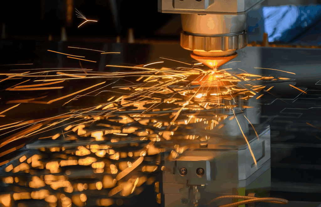 Close-up of a CNC fiber laser cutting head moving over a metal sheet