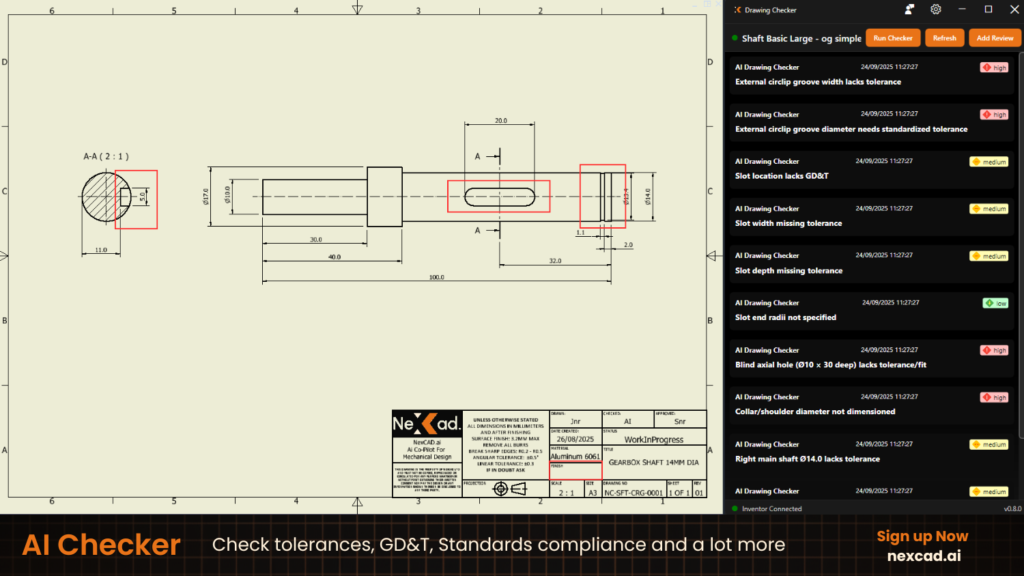 Screenshot of the NexCAD software interface showing a 2D mechanical drawing of a gearbox shaft.