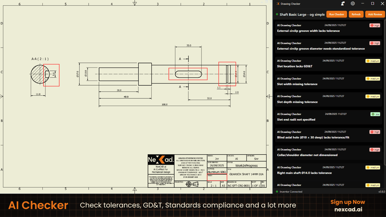 Screenshot of the NexCAD software interface showing a 2D mechanical drawing of a gearbox shaft on the left, with an "AI Drawing Checker" sidebar on the right listing specific errors like missing tolerances and GD&T requirements, categorized by severity.
