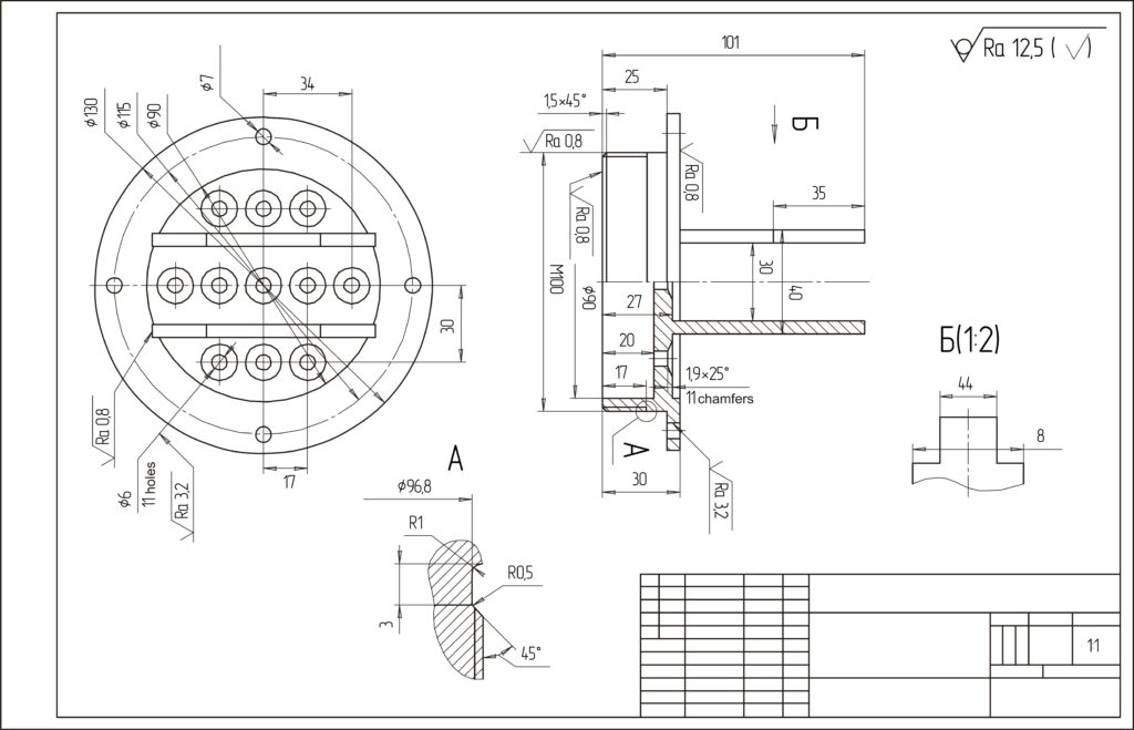Drawing of a steel mechanical part with through holes