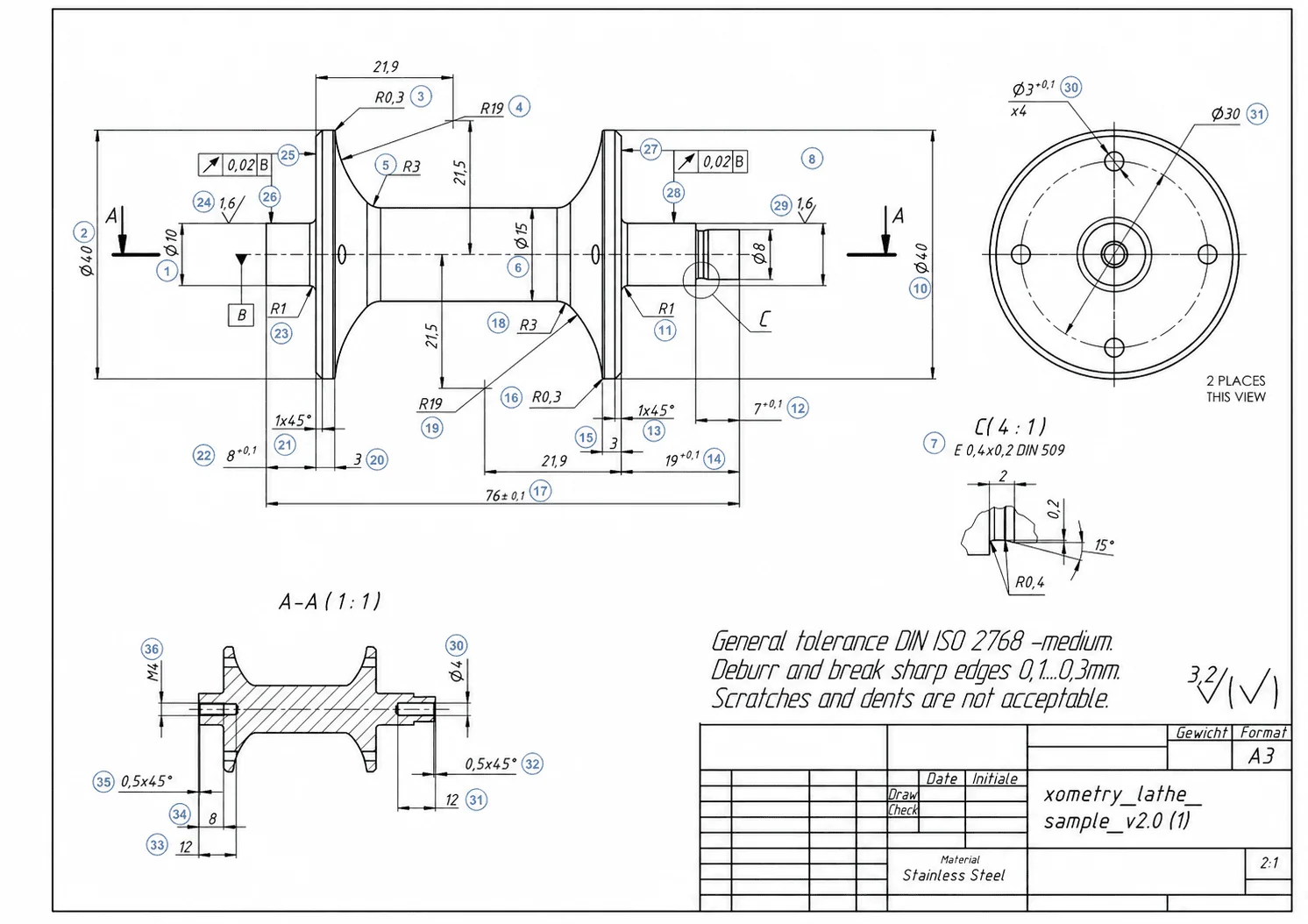 Close-up example of a typical engineering drawing depicting orthographic views, dimensions, tolerances, and various technical specifications.