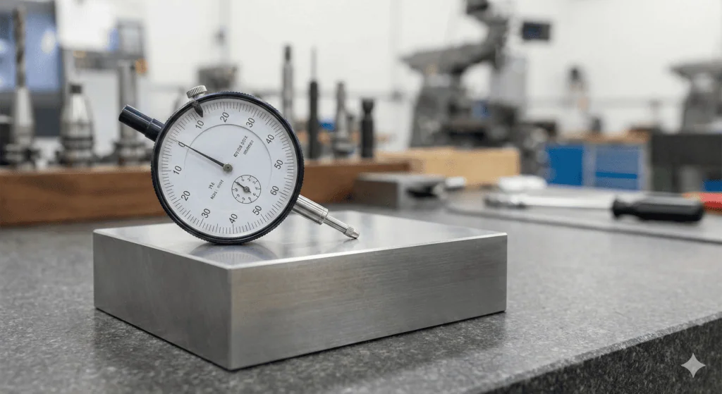 Una sonda indicadora de cuadrante que mide la desviación de la rectitud de la superficie en un bloque metálico plano de precisión.