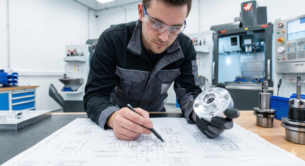 Ingeniero mecánico inspeccionando una pieza metálica mecanizada comparándola con un dibujo técnico con símbolos GD&T en un taller limpio.