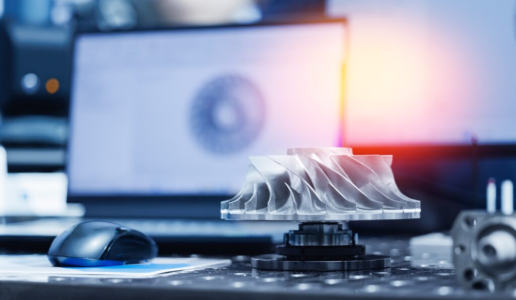 Bir çalışma tezgahı üzerinde karmaşık 5 eksenli CNC ile işlenmiş alüminyum pervanenin yakın çekim görüntüsü, arka planda bir dizüstü bilgisayarın ekranında CAD wireframe’i görünüyor.