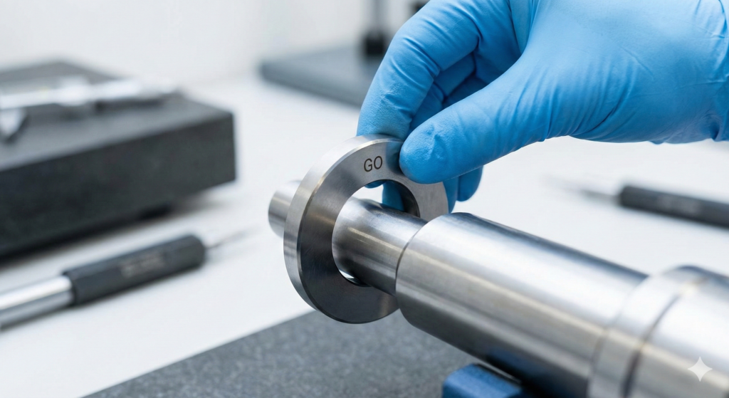 Maquinista utilizando un calibre de anillo de acero para inspeccionar la rectitud y el diámetro de un pasador metálico.