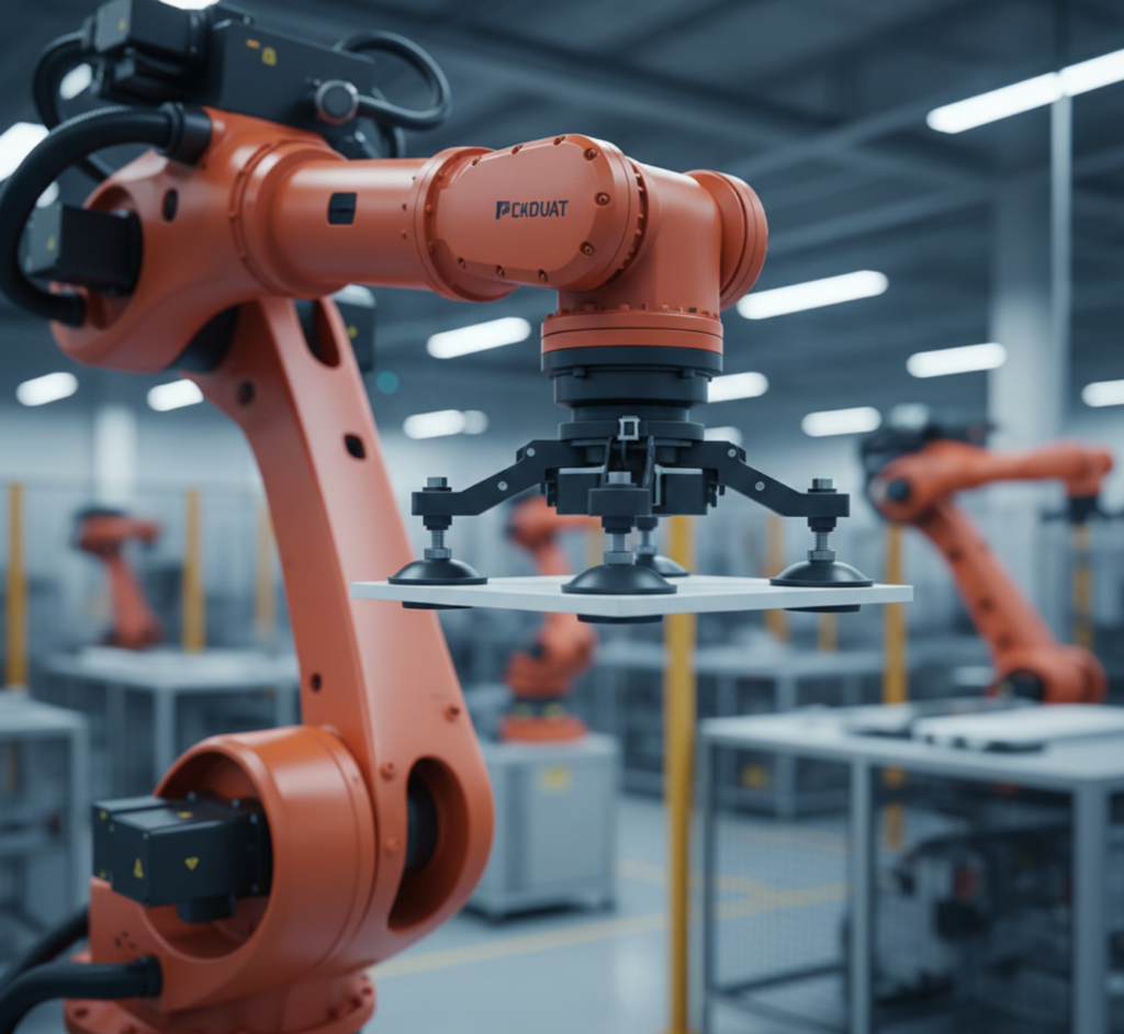 Industrial robot arm lifting a part designed with smooth surfaces for automated vacuum gripping.