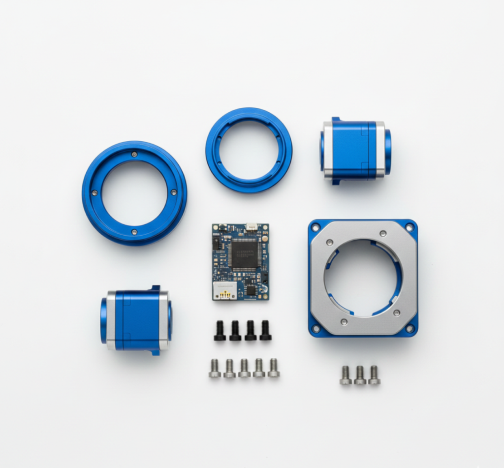 Top-down view of a product disassembled into very few components, demonstrating part count reduction.