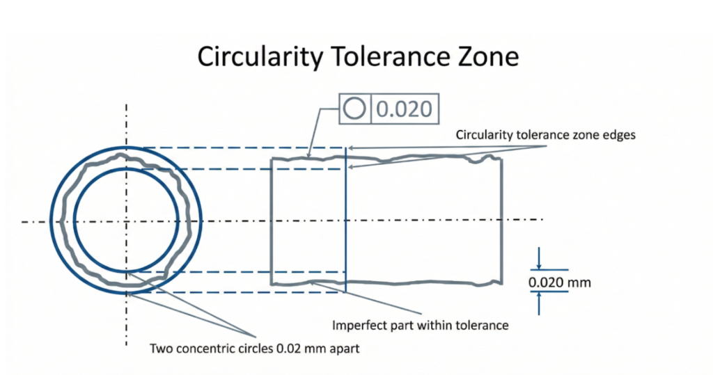 A diagram illustrating the GD&T circularity tolerance zone defined by two concentric circles.