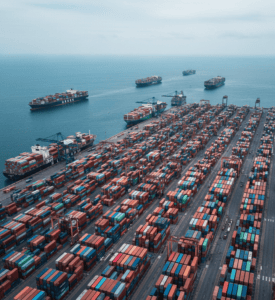 Congested shipping port and cargo ships.