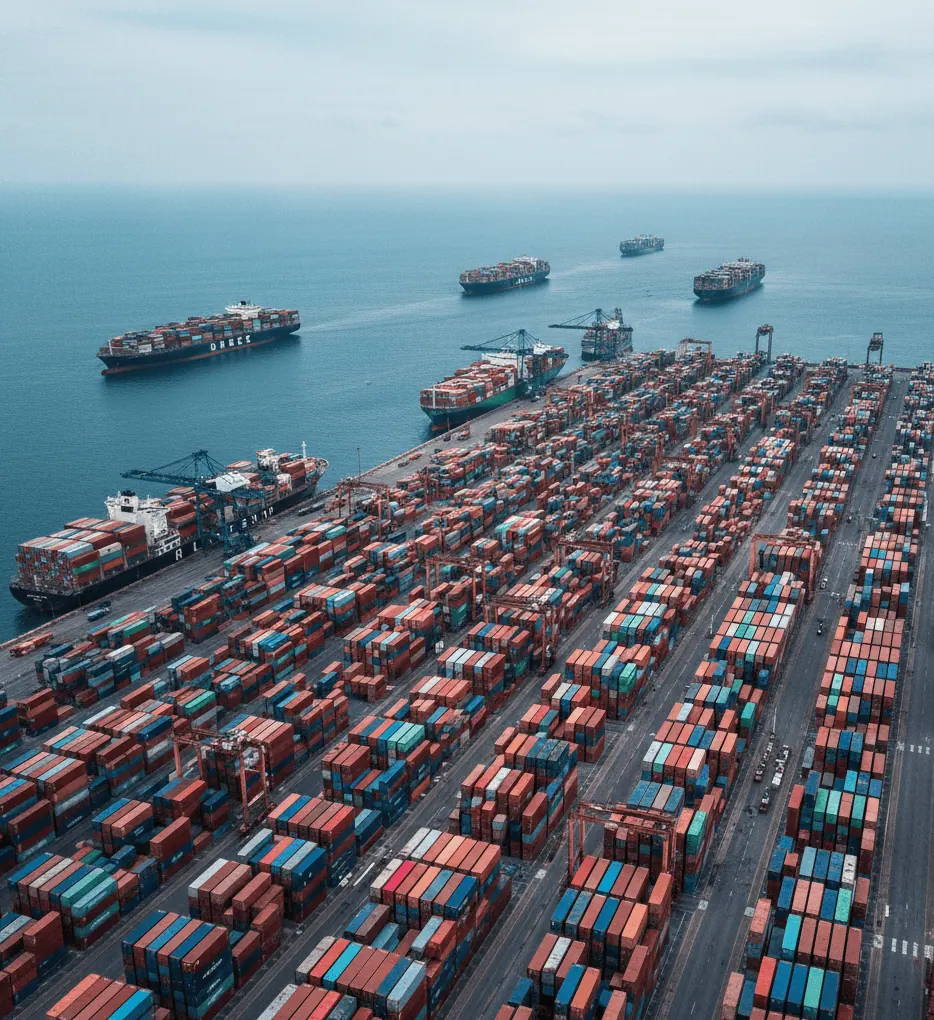 Congested shipping port and cargo ships.