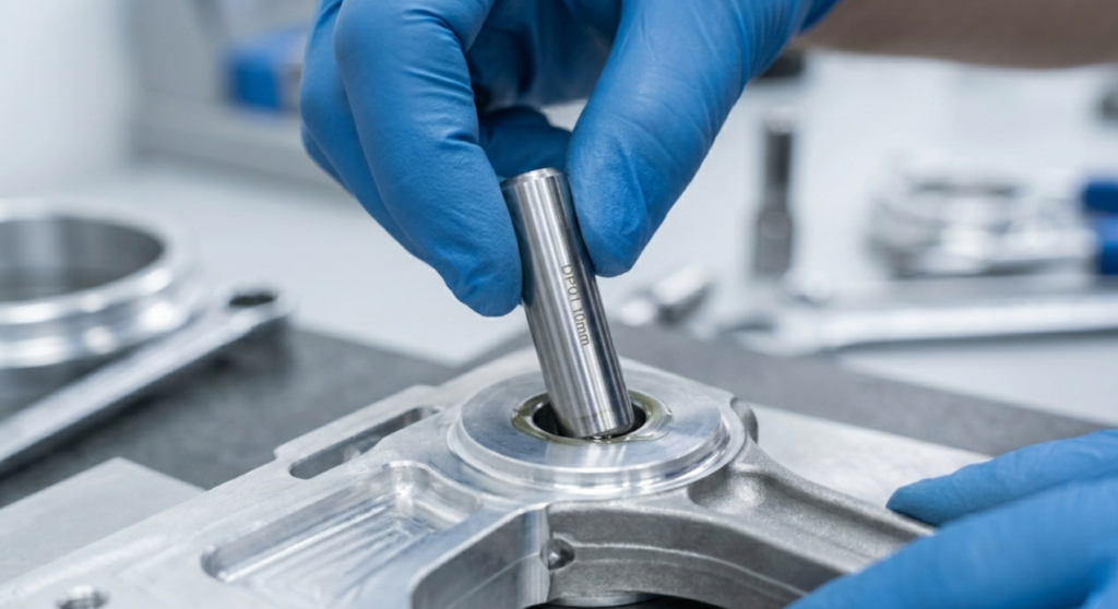 Inserting a precision metal pin into a tight bore assembly.