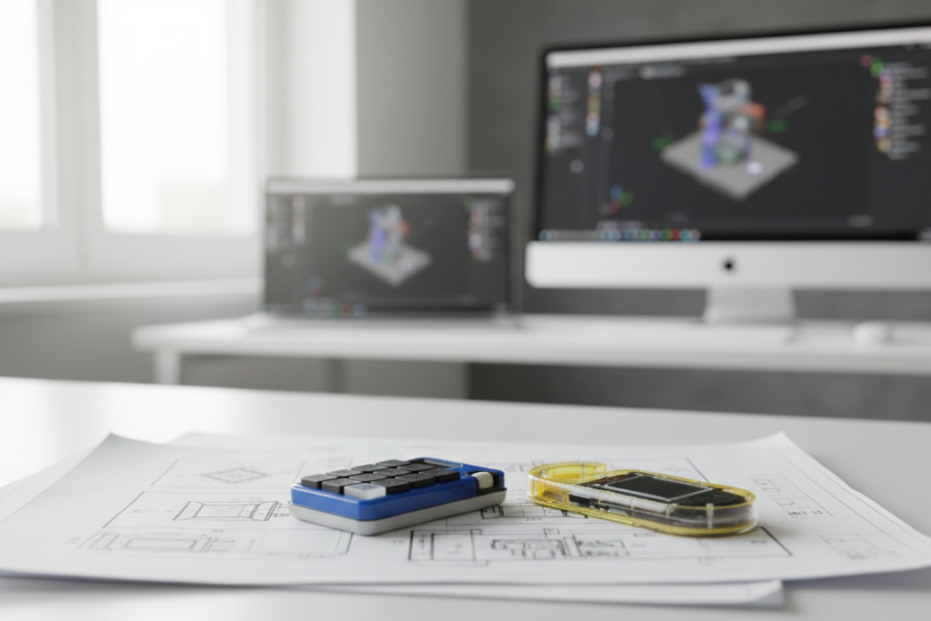 Two prototype macro keypads—one blue and one transparent yellow—resting on technical blueprints on a white desk, with a computer monitor showing a 3D CAD model in the background.