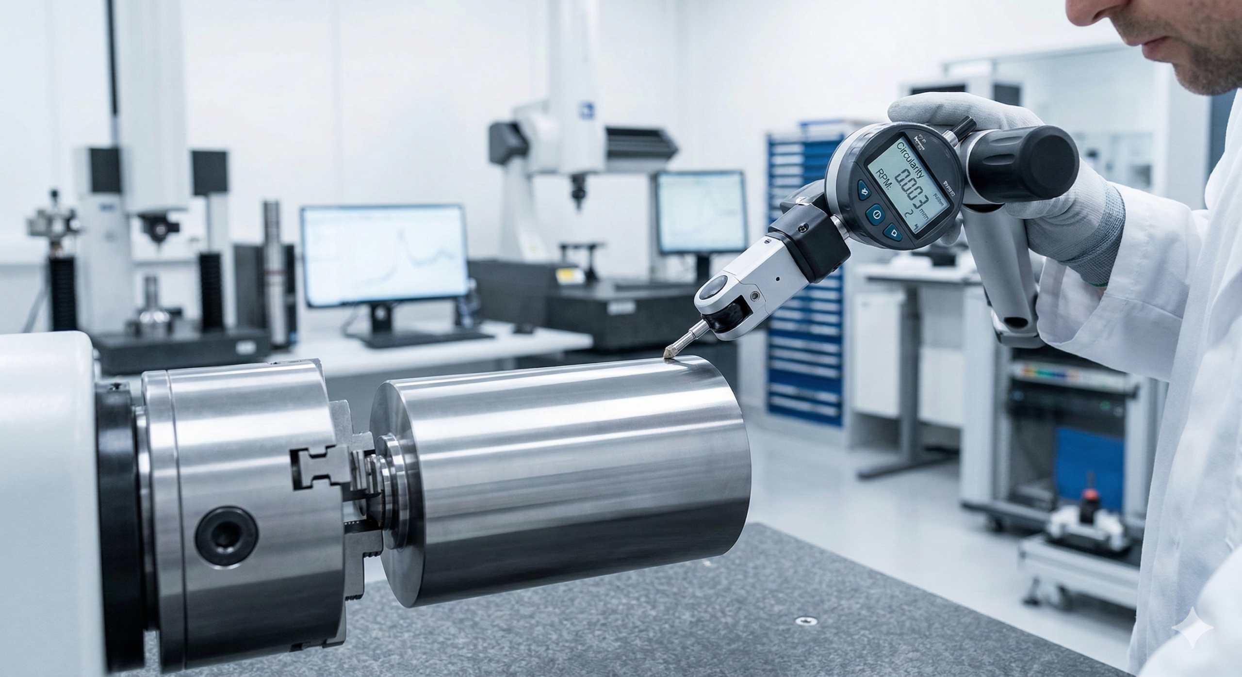 Quality control inspector measuring the roundness of a machined cylindrical part.