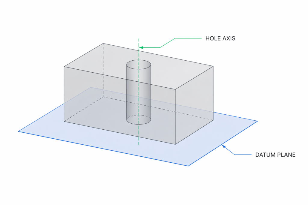 Axis parallelism concept showing a hole axis referenced to a datum plane in a transparent CAD-style block.