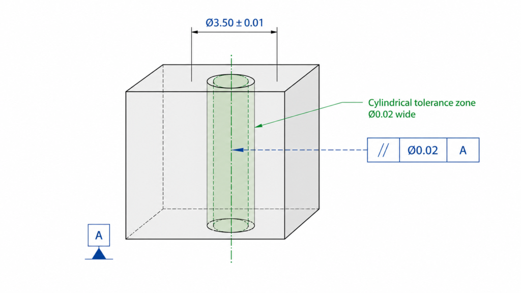 Axis parallelism diagram showing a cylindrical tolerance zone around a hole axis referenced to datum A.