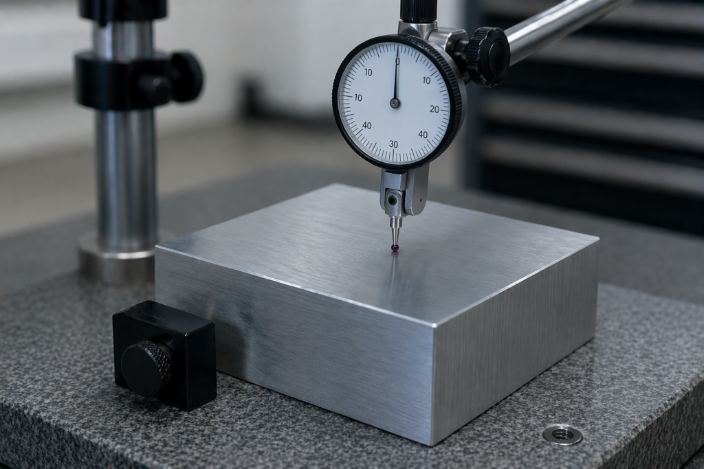 Dial indicator probe measuring the top surface of a machined aluminum block on a granite plate during a parallelism check.
