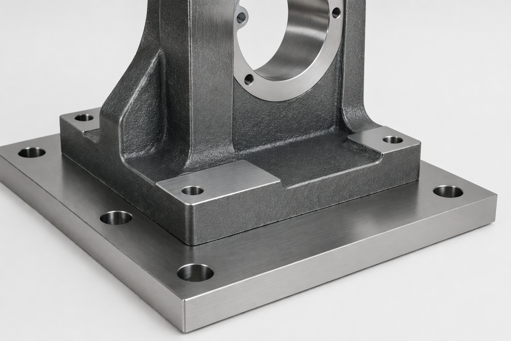 Machined mounting base with finished contact pads and bolt holes used as functional datum surfaces in assembly.
