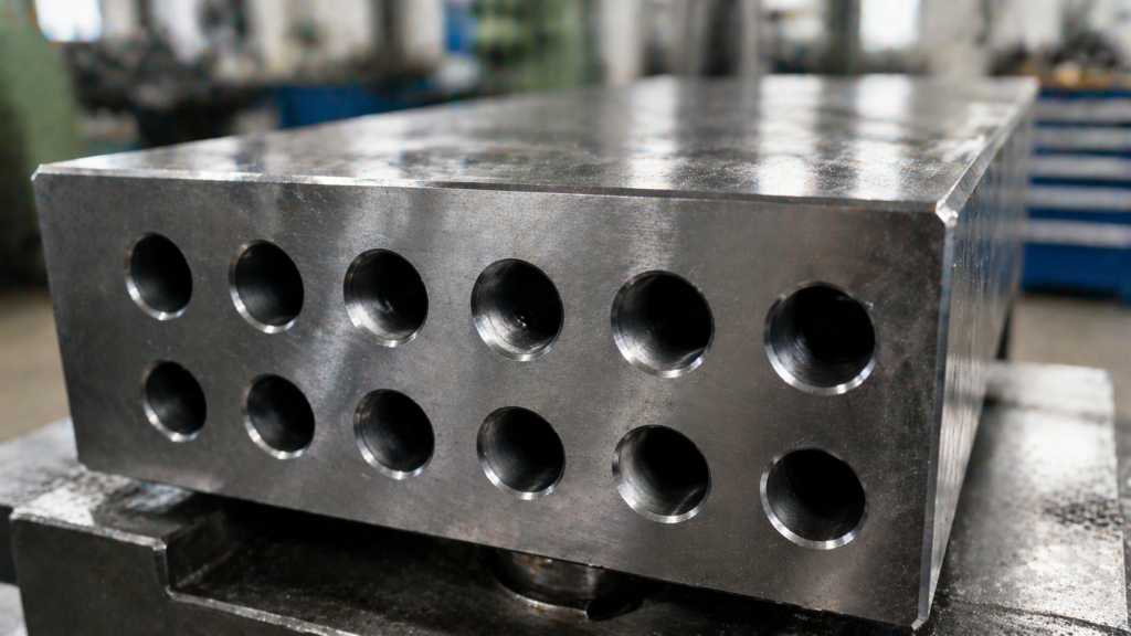 Machined steel block with multiple drilled holes illustrating axis alignment and hole pattern consistency.