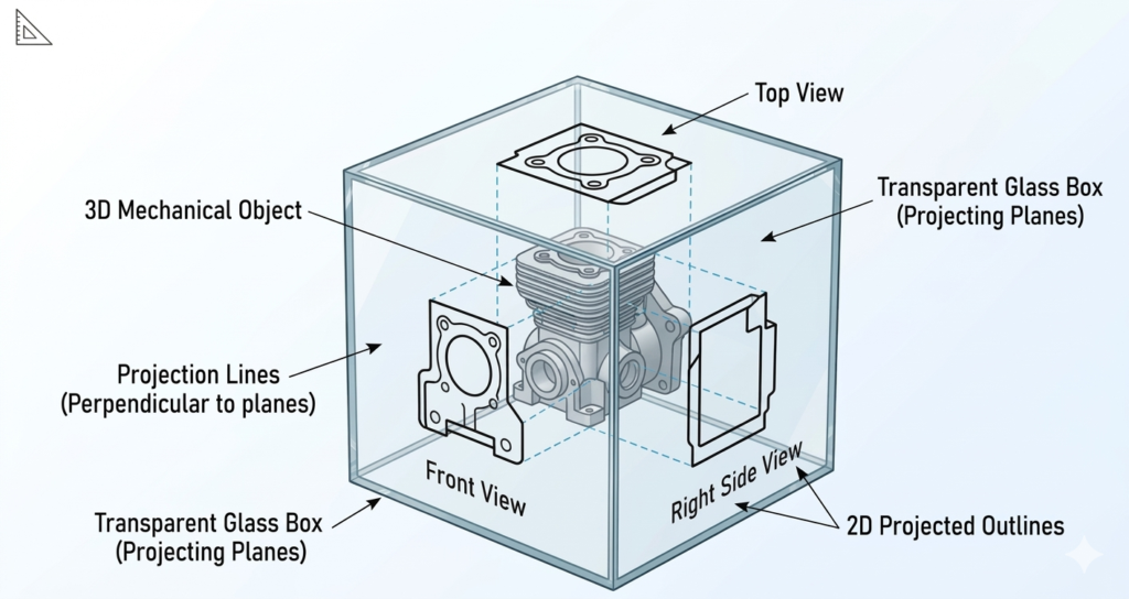 Diagram of a 3D mechanical engine part inside a transparent box, demonstrating how projection lines create 2D Front, Top, and Right Side views.