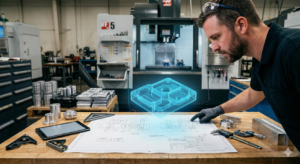 A machinist in a busy shop inspects a paper blueprint alongside a tablet displaying a glowing 3D augmented reality model of the part.
