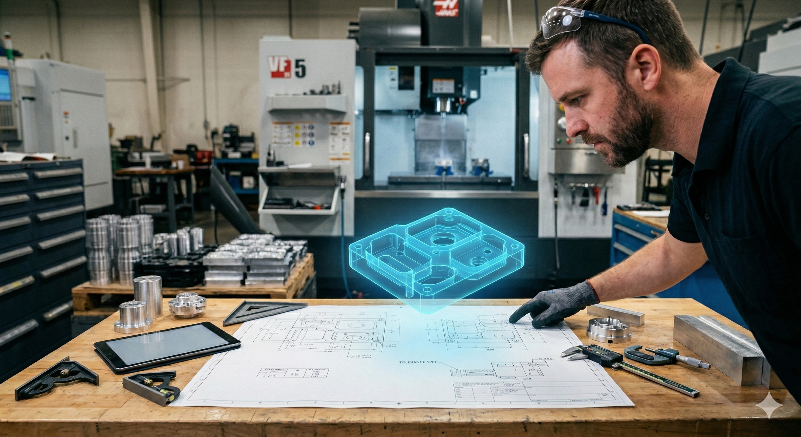 A machinist in a busy shop inspects a paper blueprint alongside a tablet displaying a glowing 3D augmented reality model of the part.