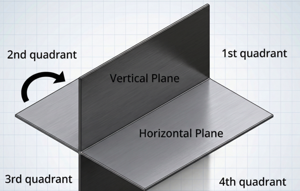 A 3D diagram showing intersecting vertical and horizontal planes dividing space into four labeled quadrants with arrows indicating rotation.