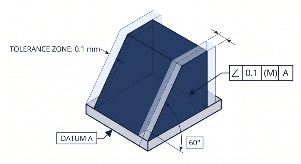 3D CAD visualization showing a 0.1 mm uniform parallel-plane tolerance zone enclosing a 60-degree angled workpiece surface relative to Datum A.