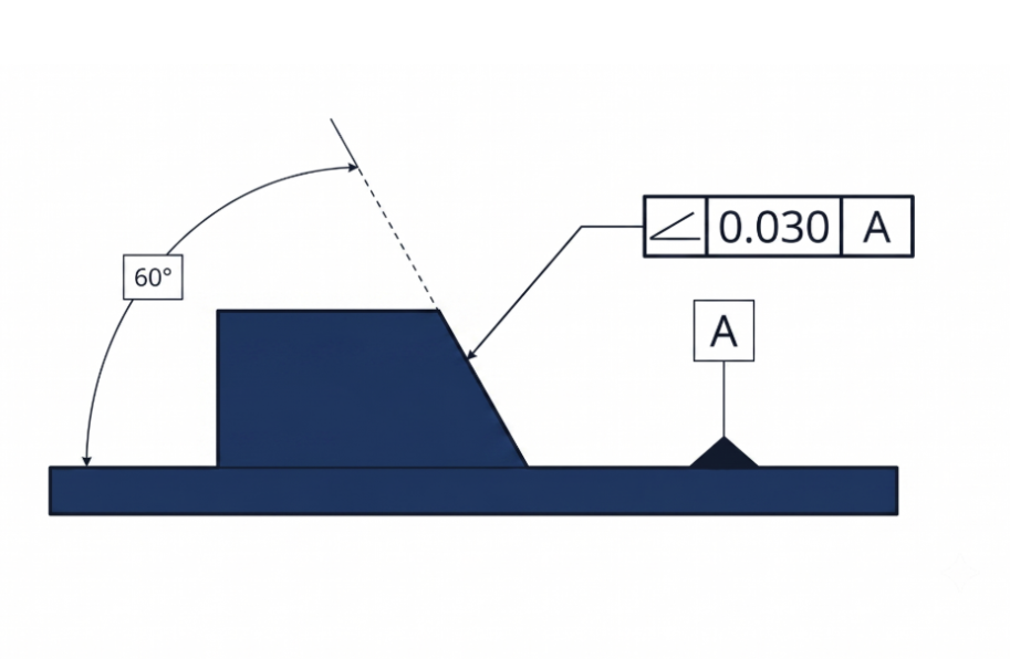 Engineering drawing displaying an angularity callout of 0.030 relative to primary Datum A on a 60-degree inclined workpiece surface.