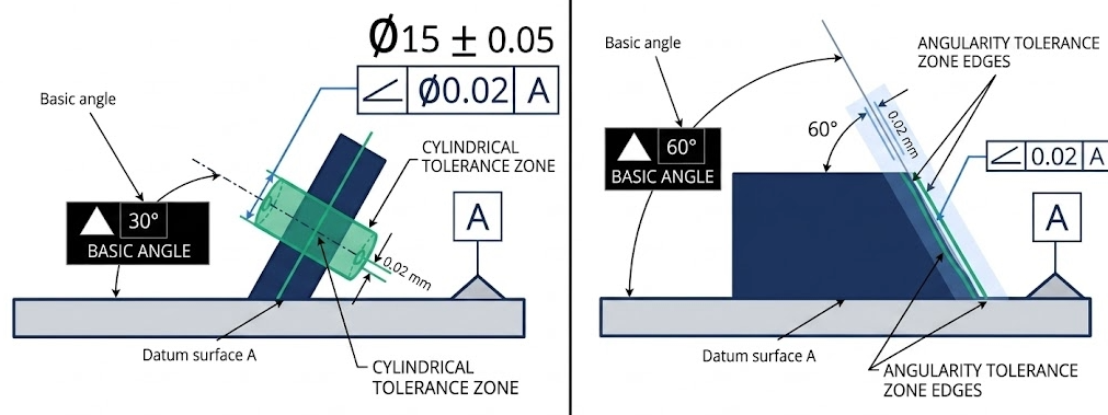 GD&T diagram comparing axis angularity with a 0.02 mm cylindrical tolerance zone at a 30-degree basic angle against surface angularity with a 0.02 mm parallel plane tolerance zone at a 60-degree basic angle.