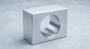 Machined aluminum block featuring a large precision-bored through-hole on a surface plate.