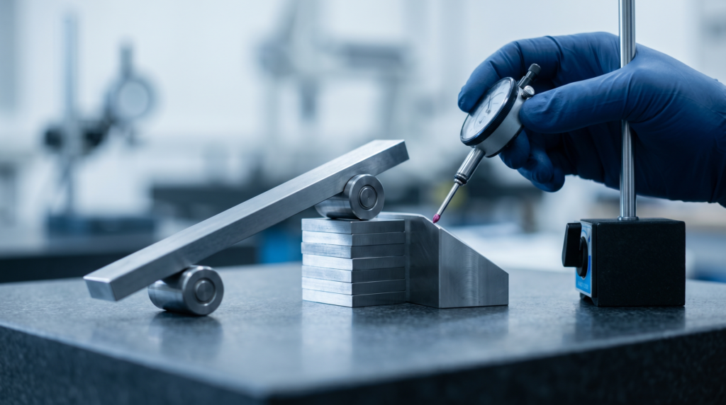 Metrology technician using a precision sine bar, calibrated slip gauge block stack, and a dial indicator on a height stand to verify the surface angularity of a machined workpiece on a granite surface plate.