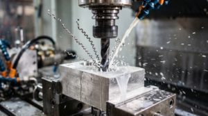 CNC drill cutting into stainless steel with chip evacuation and coolant