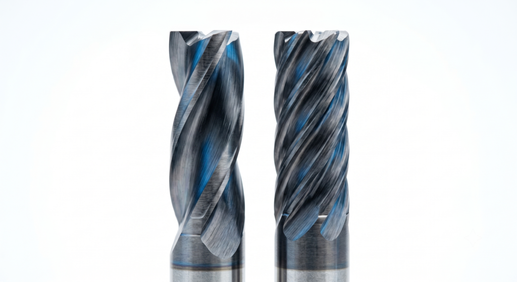 Side-by-side comparison of a 2-flute and a 4-flute solid carbide end mill showing the difference in chip gullet volume and core diameter.