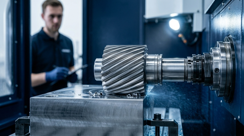 Helical tooth slab mill mounted on a horizontal arbor, used for peripheral milling of large flat surfaces on horizontal machining centers.
