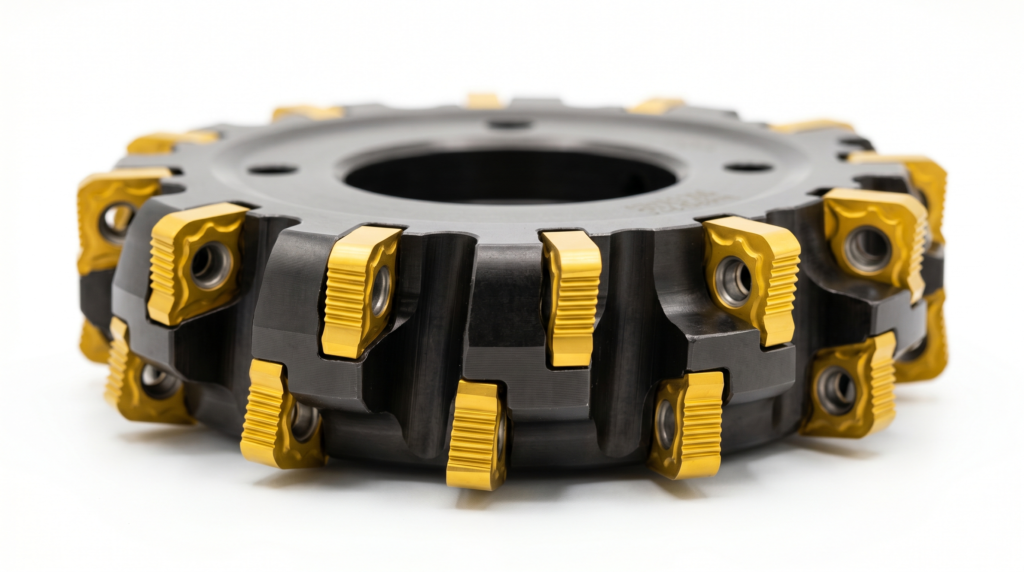 Indexable insert face mill body with yellow-coated carbide inserts seated in machined pockets around the cutter perimeter.